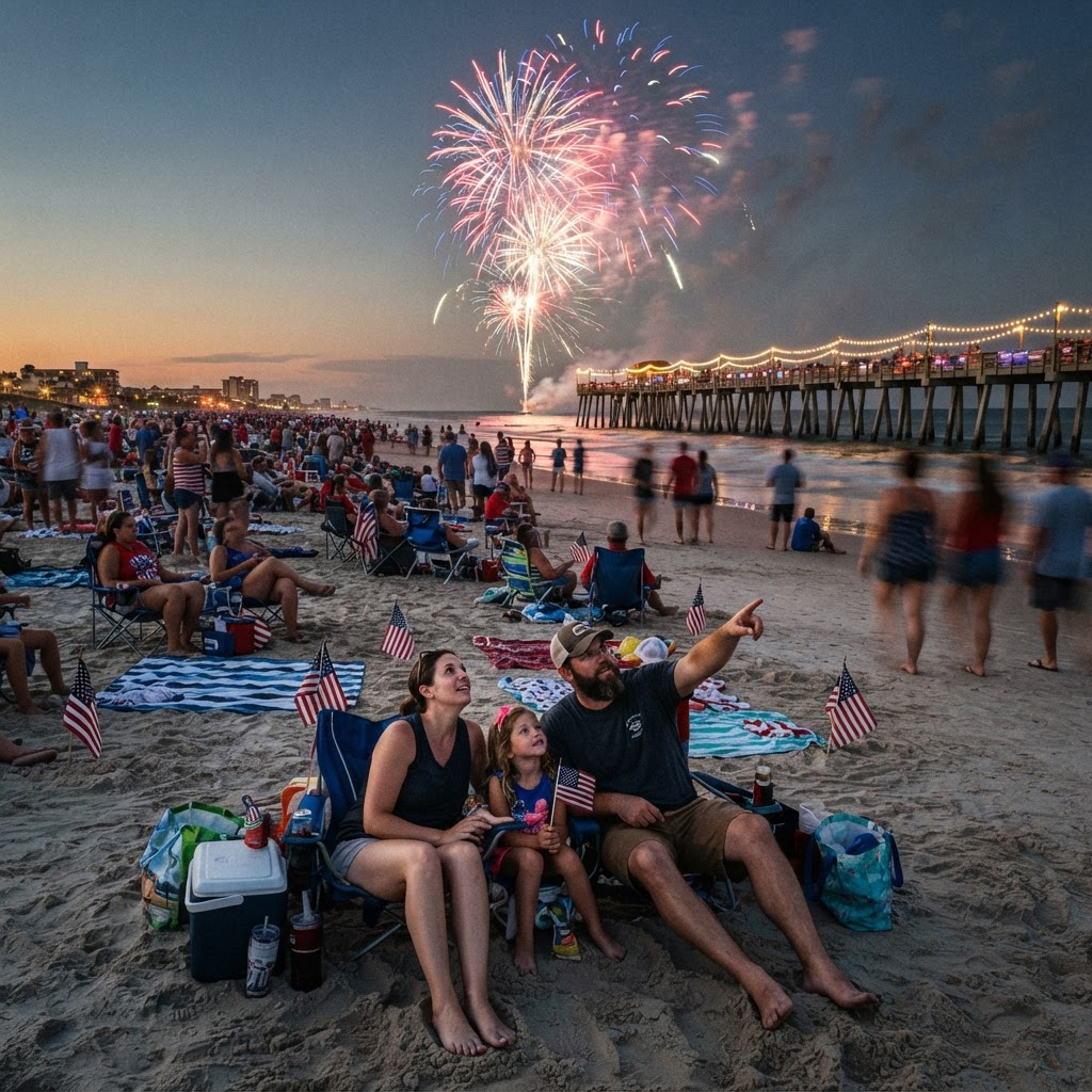Families stake out spots along the shoreline ahead of an Independence Day fireworks show on the Space Coast.