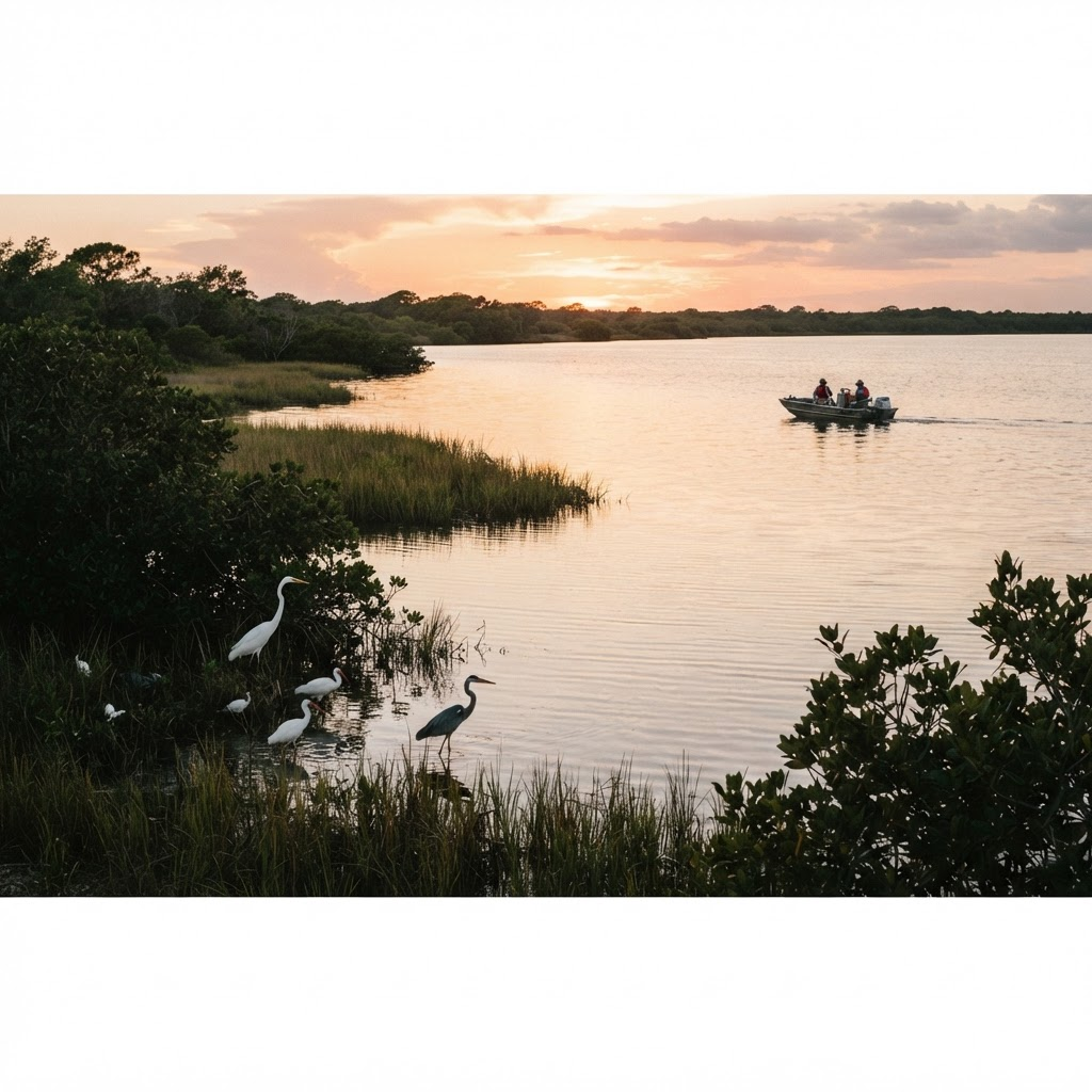 Calm water at sunrise along the Indian River Lagoon, where seagrass beds are slowly returning.