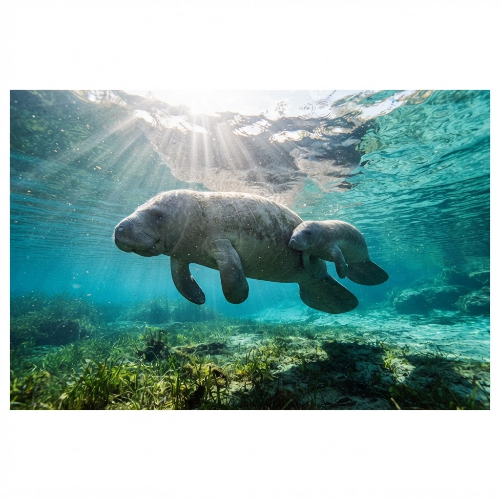 Manatees gather in warm, clear spring water.