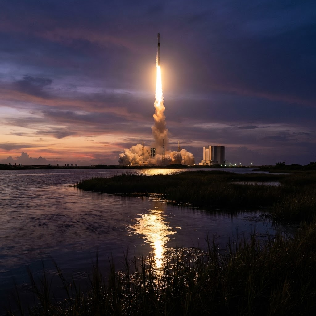 A rocket climbs over the Atlantic at first light, seen from the Brevard County shoreline.